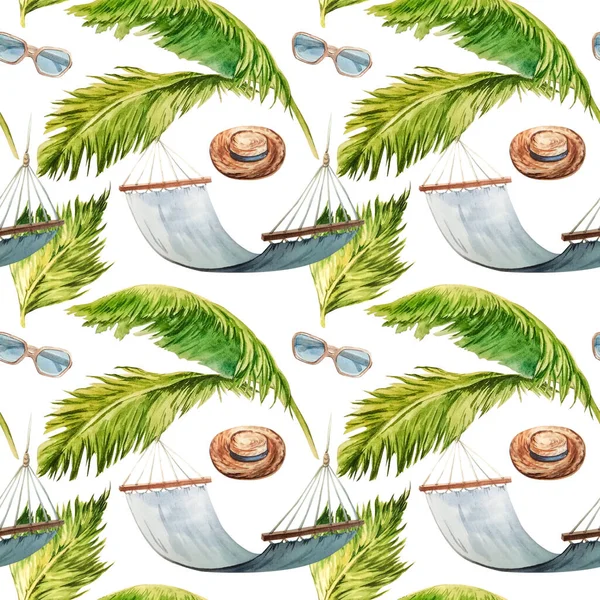 Patrón sin costuras, ramas de palma, hamaca, sombrero, gafas de sol. Patrón de acuarela —  Fotos de Stock