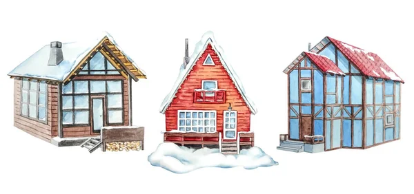 Collection of winter houses. Watercolor cottage, mountain house, snow buildings — Stock Photo, Image