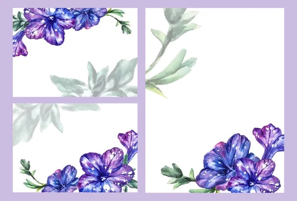 Набор открыток, приглашение, фиолетовые акварельные цветы — стоковое фото