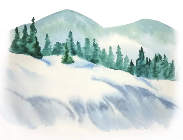 산 과 크리스마스 트리와 눈으로 뒤덮인 겨울 풍경 로열티 프리 스톡 사진