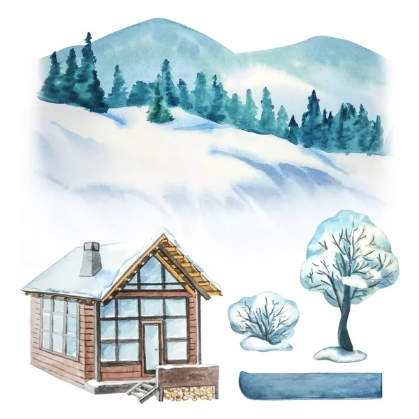겨울 세트, 수채 색 풍경, 집, 눈덮인 나무들, 보드 스톡 사진