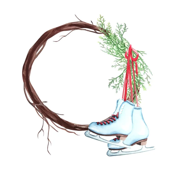 Marco redondo de acuarela hecho de ramas de enebro y ramitas con patines blancos en cordones rojos —  Fotos de Stock