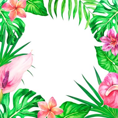 Tropikal yaprakları ve çiçekleri olan kare çerçeve, suluboya arka plan