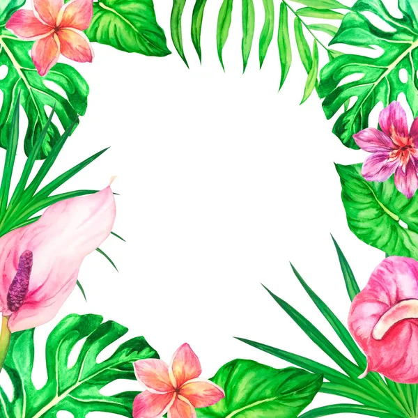 Tropikal yaprakları ve çiçekleri olan kare çerçeve, suluboya arka plan