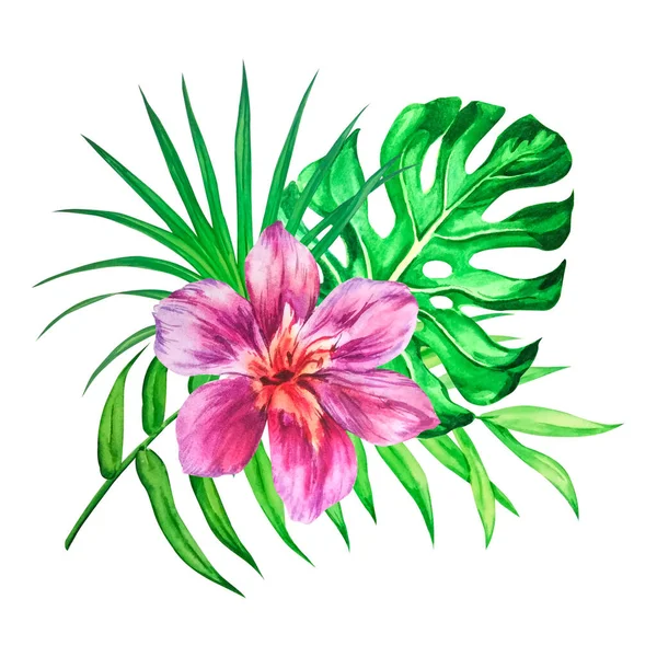 Aquarel boeket met tropische bladeren en hibiscus bloem — Stockfoto