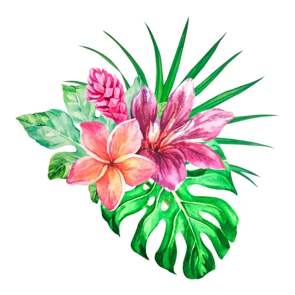Aquarel boeket met tropische bladeren en bloemen van hibiscus, plumeria — Stockfoto