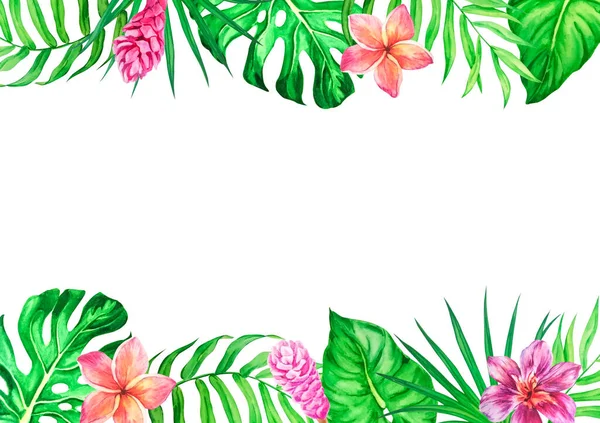 Watercolor frame with tropical leaves and flowers — Stock Photo, Image