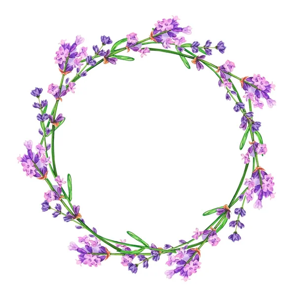 Watercolor lavender flowers, round frame, wreath