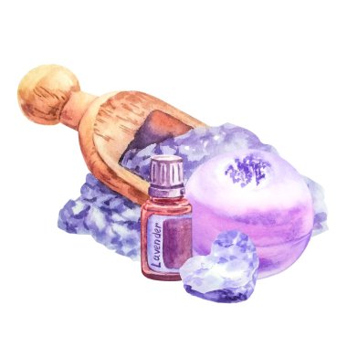 Spa, lavanta yağı, mor taş ve banyo için deniz tuzu karışımı.