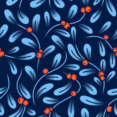 Kızıl kış meyveleri pürüzsüz desen. Yaban mersini ve ağaç dallarıyla süslenmiş moda Noel süsü.