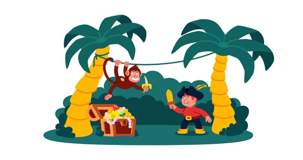 Uma Criança Pirata Luta Contra Macaco Uma Liana Palma Com — Vetor de Stock