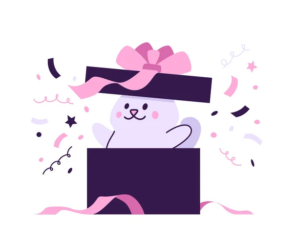 Cute Cat Surprise Gift Box Confetti Vector Illustration Birthday Children — Stock Vector