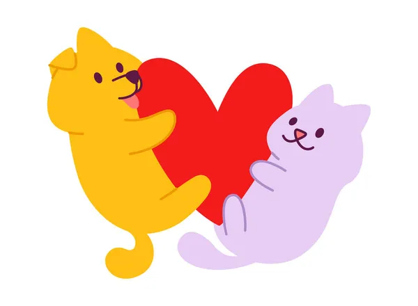 Lindo Gato Perro Abrazo Corazón Vector Ilustración Concepto Simple Animal — Vector de stock