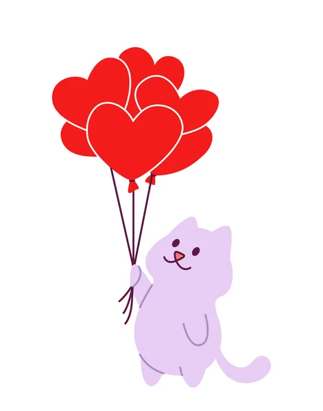 Lindo Gato Sosteniendo Globos Forma Corazón Vector Ilustración Para Tarjeta — Vector de stock