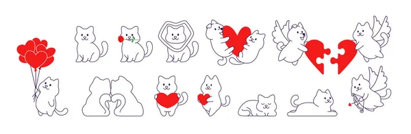 Karikatura Roztomilé Kočka Pes Linie Styl Různých Pózách Pro Valentýna — Stockový vektor