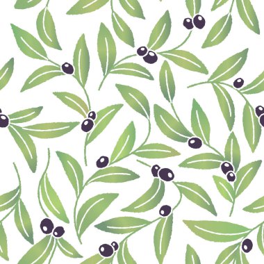 Siyah zeytinli ve elle çizilmiş suluboya yapraklı pürüzsüz bir arka plan.