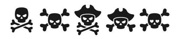 Nastavit Zlé Lebky Zkříženými Hnáty Pirátské Lebky Kloboukem Jednoduchý Kreslený — Stockový vektor