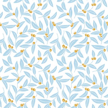 Altın zeytin bringi ve mavi yapraklı kusursuz desen el çizimi pastel renkler vektör çizimi