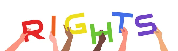 Verschiedene Farben Hände Halten Wörter Rechte Regenbogenfarben Lgbt Vektor Illustration — Stockvektor