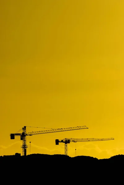 Budownictwo Rozwój Żuraw Pracy Złotym Słońcem Niebo Miejsca Kopiowania — Zdjęcie stockowe