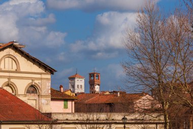 Lucca 'da kış. Ortaçağ kuleleri ve çıplak ağaç dallarıyla eski şehir manzarası