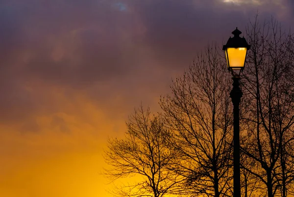 旧式路灯映衬着美丽的夕阳天空和光秃秃的树枝轮廓 带有复制空间 — 图库照片
