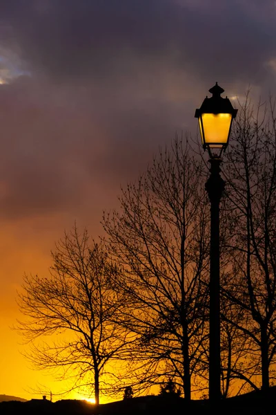 Старомодная Уличная Лампа Против Красивого Неба Заката Голых Ветвей Деревьев — стоковое фото