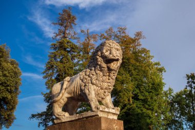 Lucca duvarları parkındaki ortaçağ aslan heykeli. 