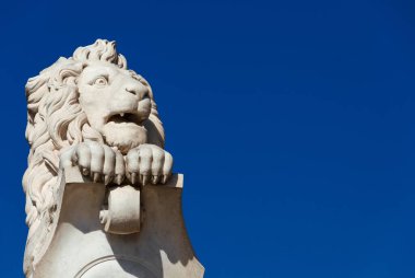 Mermer aslan heykeli, Pisa tarihi merkezine 1875 yılında dikilmiştir (mavi gökyüzü ve kopyalama alanı ile).)
