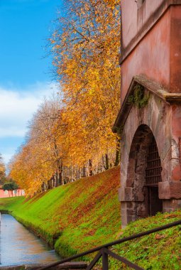 Lucca 'da sonbahar ve yeşillik. Antik şehir duvarları çınar yapraklarıyla park eder.