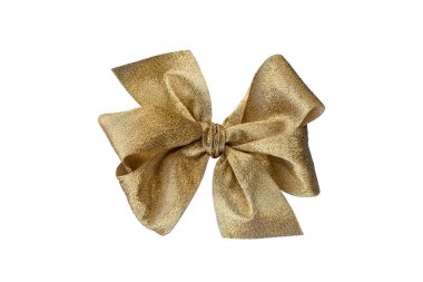 Dekoratif kurdeleden yapılmış altın gibi parlak bir fiyonk, beyaz arka planda vurgulanmış..