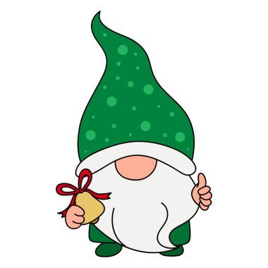 Noel cücesi çizimi. Bebek odası dekorasyonu, posterler, tebrik kartları ve parti davetiyeleri için cücenin vektör illüstrasyonu. Çocuklar için Xmas cüce tırmanışı.