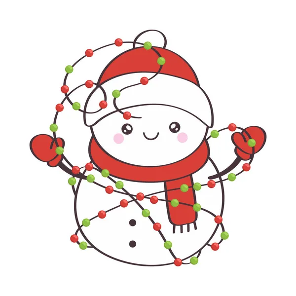 Drôle Dessin Animé Bonhomme Neige Bonhomme Neige Noël Avec Guirlandes — Image vectorielle