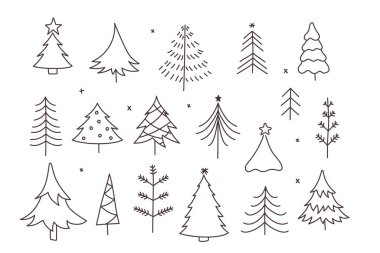 Noel Ağacı Vektörü, Noel Ağacı. 18 noel ağacı seti. Noel ağacı çizimi. Bütün ağaçlar minimalist bir sanat tarzında yapılır. Geleneksel Yeni Yıl ve Xmas 