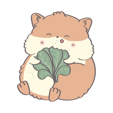 Kawaii hamster clipart. Hamster illüstrasyonu. Hamster marul yiyor. Bebek hamsterının bebek odası dekorasyonu, posterleri, tebrik kartları ve parti davetiyeleri için vektör çizimi.