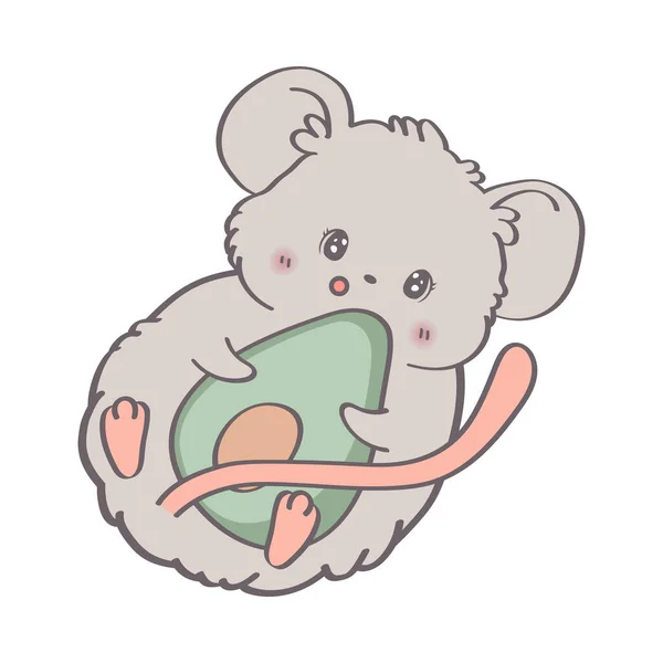 ベクトル ドローイング ラット 面白いマウスはアボカドを抱擁します 白い背景に隔離されたベクトル動物 子供の活動のためのかわいいマウスTシャツプリント ラベル アイコン パッチまたはステッカー — ストックベクタ