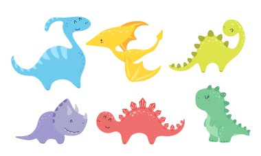 Kawaii tarzında bir dizi şirin dinozor. Altı dinozordan oluşan bir sanat seti. Küme, brachiosaurus, pterodactyl, t rex, Parasaurolophus, stegosaurus, triceratops gibi dinozorları içerir..