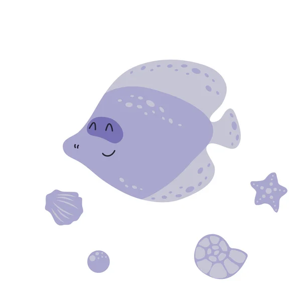 一条可爱的紫色鱼 有漂亮的远足 卡通人物 以河西风格制作的鱼的最后插图 鱼的漫画 — 图库矢量图片