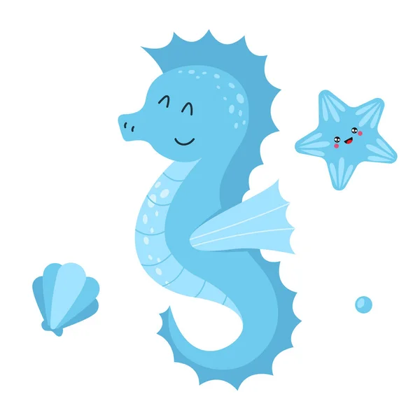 Cartoon Seahorse Blue Color Funny Sea Animal Character Used Invitation — Vector de stock