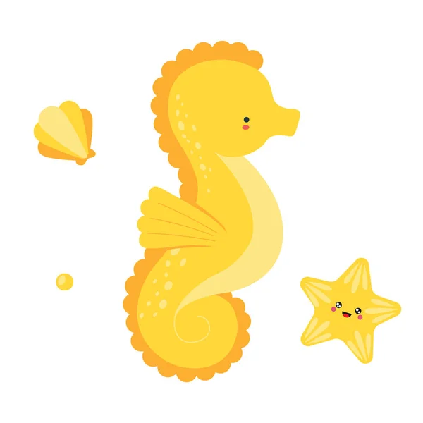 Cute Yellow Seahorse Funny Sea Animal Character Used Invitation Children — Archivo Imágenes Vectoriales
