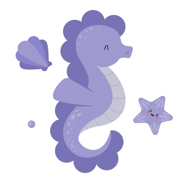 Purple Seahorse Cartoon Marine Character Funny Sea Animal Character Used — Stock Vector