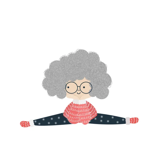 Funny Grandmother Doing Gymnastics Cartoon Curly Grandmother Vector Illustration Grandmother — Vector de stock