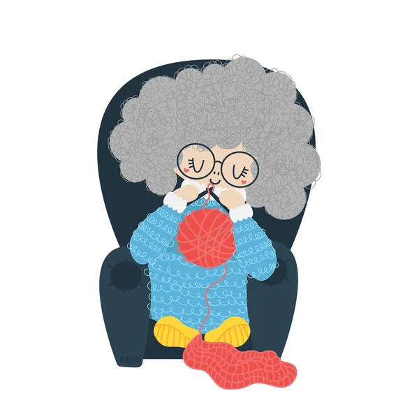 Lustige Lockige Großmutter Näht Während Sie Auf Einem Stuhl Sitzt — Stockvektor
