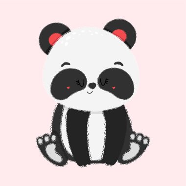 Komik panda gözleri kapalı oturur. Şirin bir hayvanın vektör çizimi. Çocuklar için, bebek kitabı, peri masalları, kapaklar, bebek partisi davetiyesi, tekstil tişörtü..