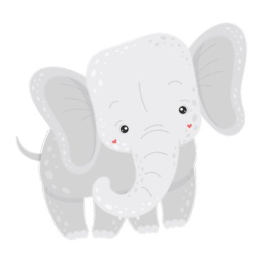 Sevimli çizgi film fili. Şirin bir hayvanın vektör çizimi. Çocuklar için küçük şirin filler, bebek kitapları, peri masalları, kapaklar, bebek partisi davetiyesi, tekstil tişörtü..