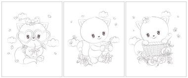 Boyama sayfaları için sevimli gülümsemeli kediler. Boyama kitabı için 3 sayfa. Siyah beyaz şirin hayvan vektör çizimi. Kızlar ve oğlanlar için boyama sayfaları. 