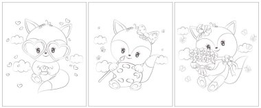 Şirin tilki boyama sayfaları. Boyama kitabı için 3 sayfa. Siyah beyaz şirin hayvan vektör çizimi. Kızlar ve oğlanlar için boyama sayfaları. 