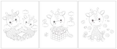 Zürafa siyah beyaz. Boyama kitabı için 3 sayfa. Siyah beyaz şirin hayvan vektör çizimi. Kızlar ve oğlanlar için boyama sayfaları. 