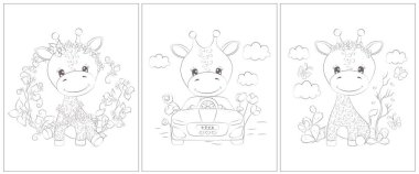 Şirin zürafa boyama sayfası. Boyama kitabı için 3 sayfa. Siyah beyaz şirin hayvan vektör çizimi. Kızlar ve oğlanlar için boyama sayfaları. 