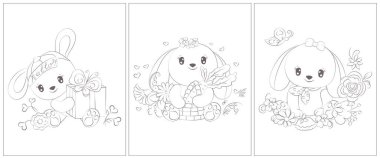 Sevimli tavşan boyama sayfaları. Boyama kitabı için 3 sayfa. Siyah beyaz şirin hayvan vektör çizimi. Kızlar ve oğlanlar için boyama sayfaları. 